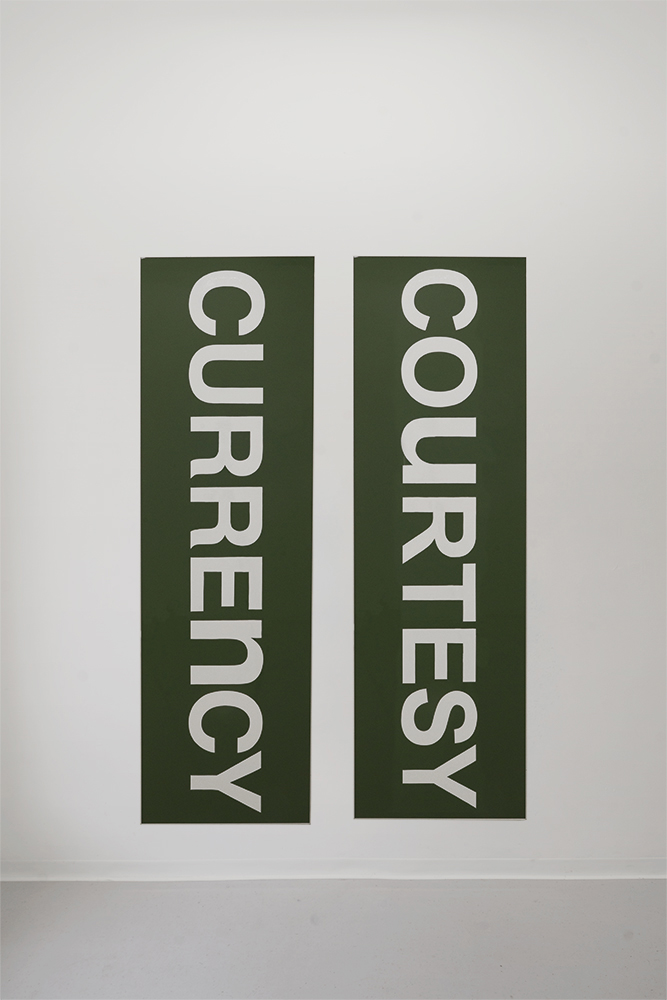 <em>Currency (helvetica), Courtesy (arial),</em> handpainted wardrobe front, 194x59 cm, 2025.